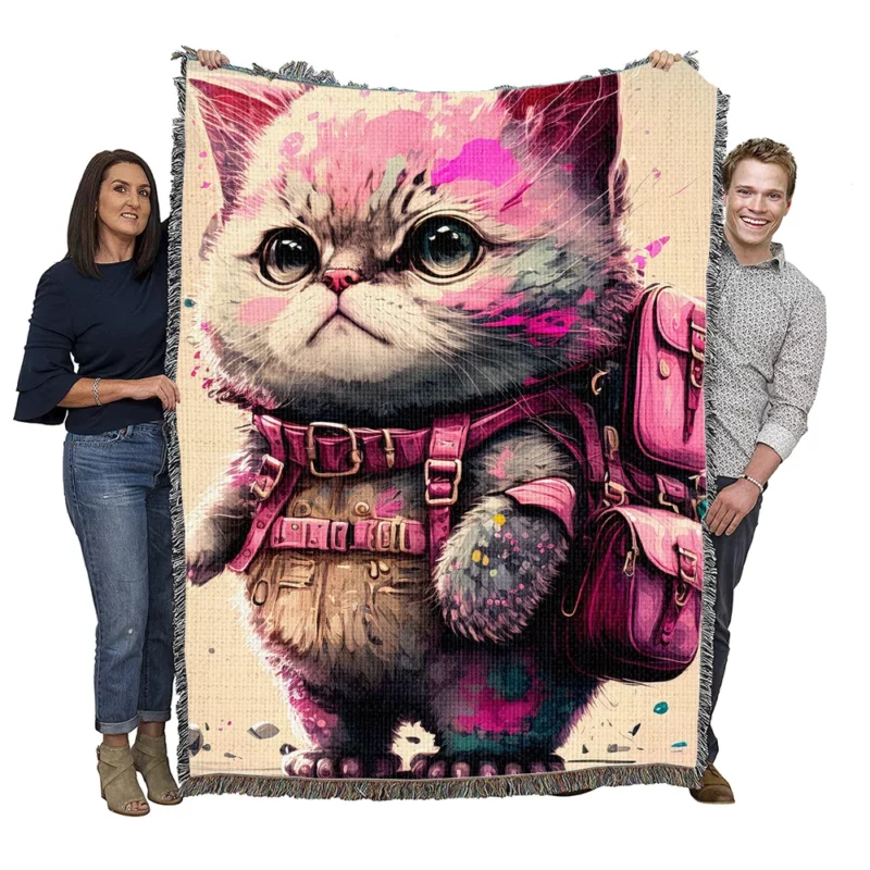 Cartoon Cat with Pink Backpack Woven Blanket