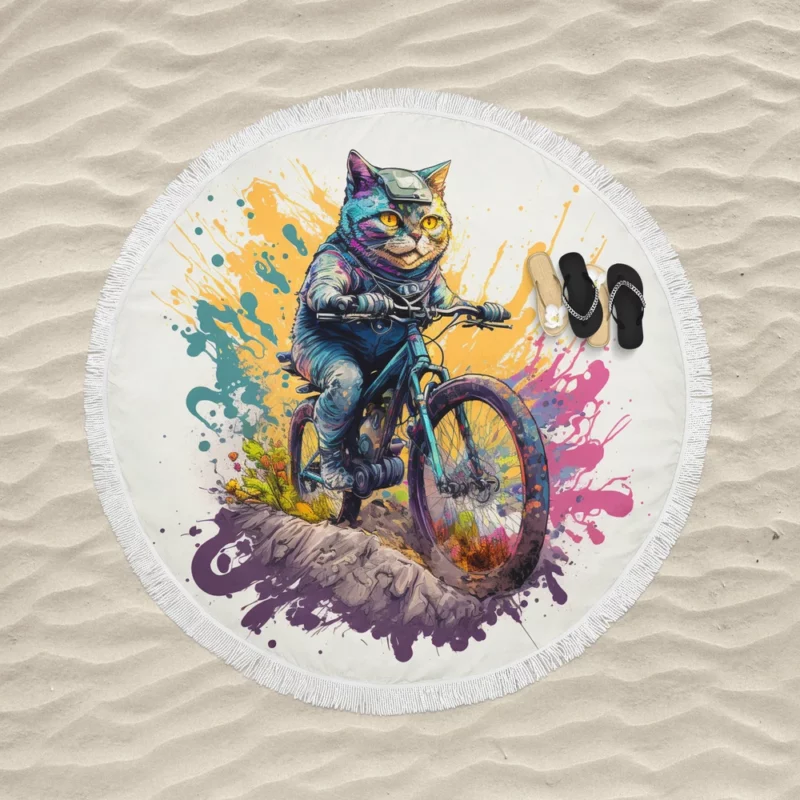 Cat Bike Helmet with Cat Design Round Beach Towel