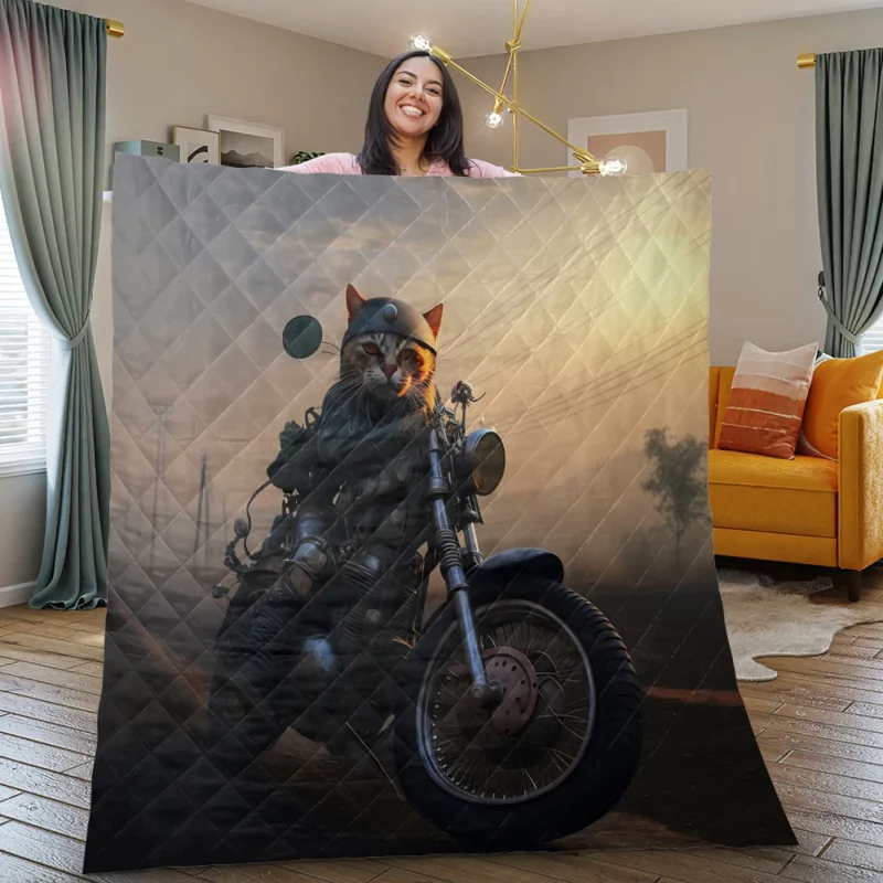 Cat Biker in Full Gear Quilt Blanket