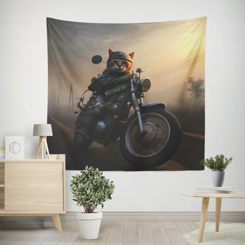 Cat Biker in Full Gear Wall Tapestry