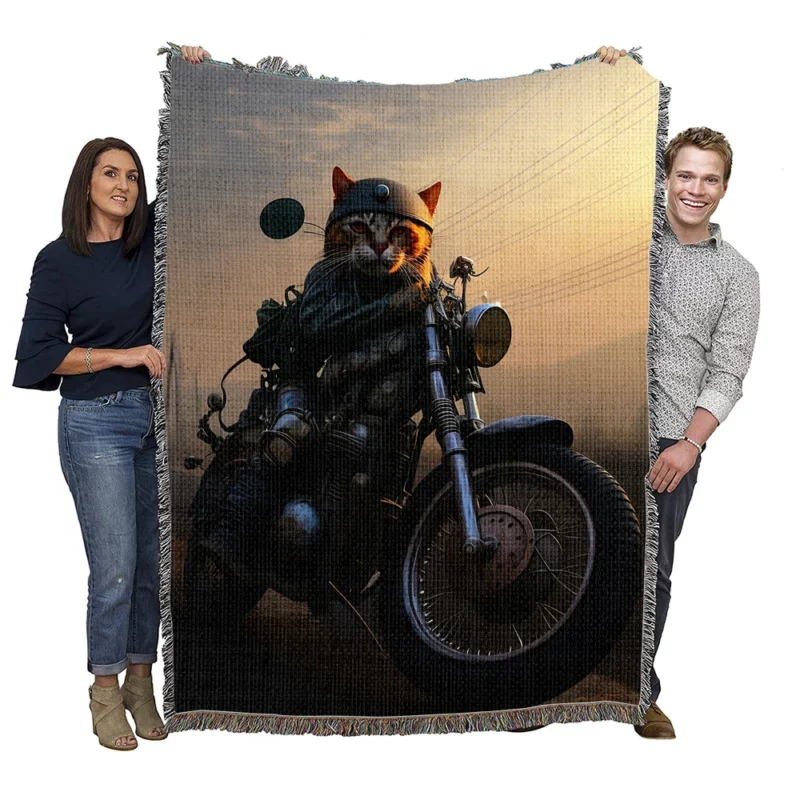 Cat Biker in Full Gear Woven Blanket