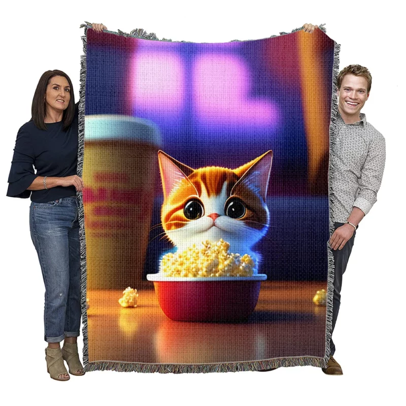 Cat Enjoying a Cup Popcorn and Drink Woven Blanket