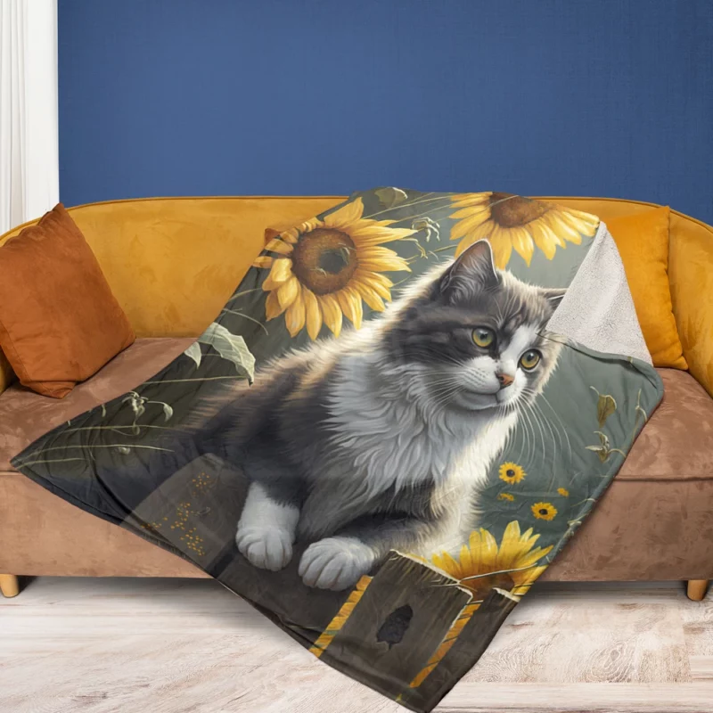 Cat Fence with Sunflowers Fleece Blanket 1