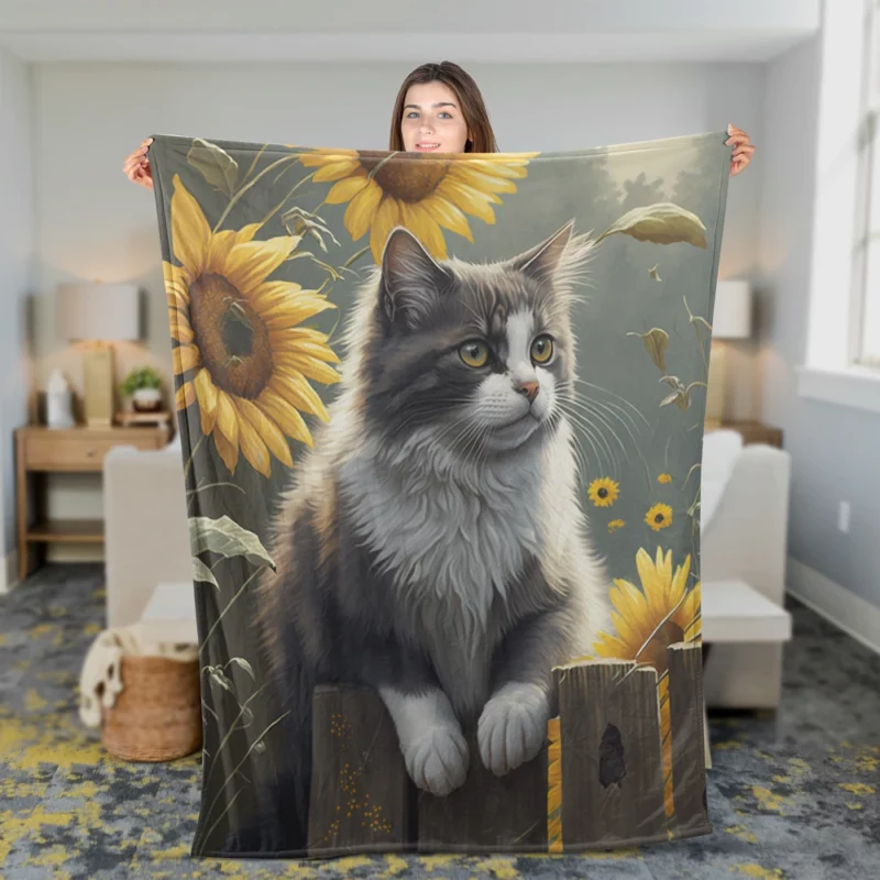 Cat Fence with Sunflowers Fleece Blanket 2