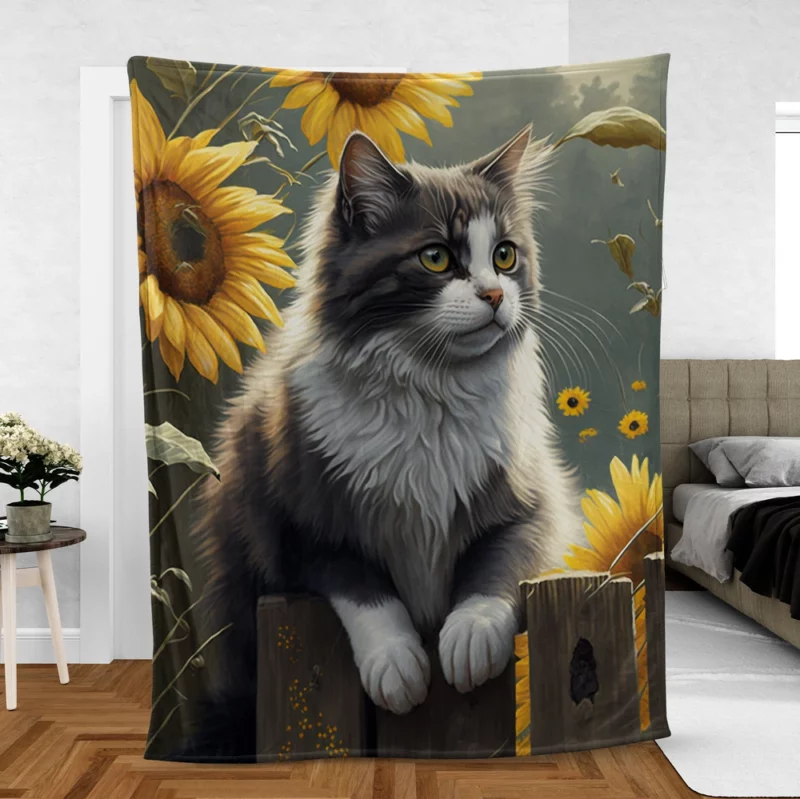 Cat Fence with Sunflowers Fleece Blanket