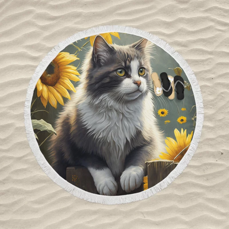 Cat Fence with Sunflowers Round Beach Towel