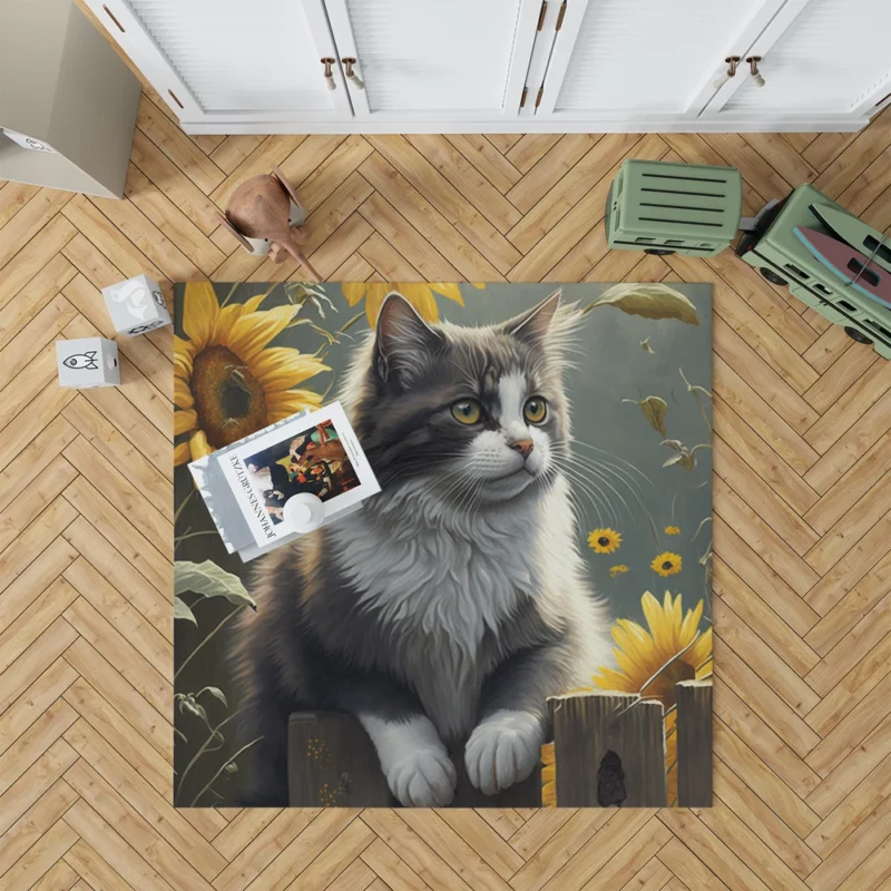 Cat Fence with Sunflowers Rug