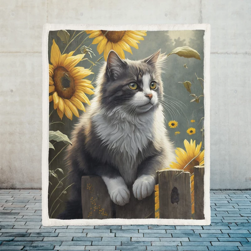 Cat Fence with Sunflowers Sherpa Fleece Blanket