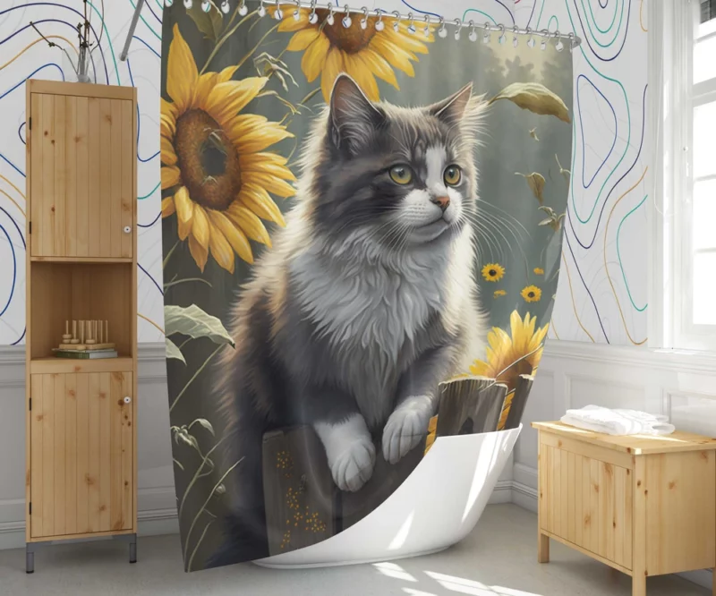 Cat Fence with Sunflowers Shower Curtain 1