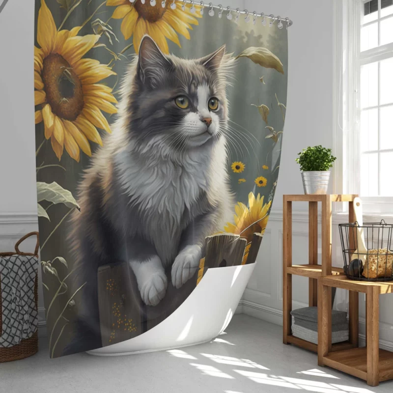 Cat Fence with Sunflowers Shower Curtain