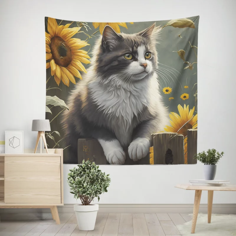 Cat Fence with Sunflowers Wall Tapestry