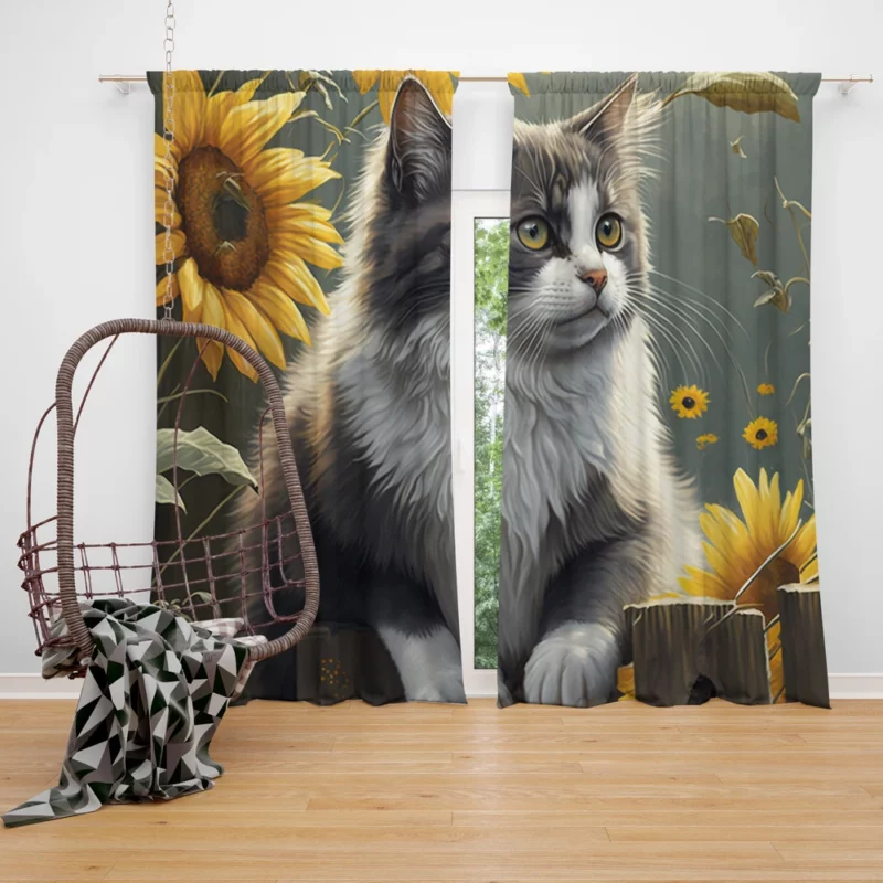 Cat Fence with Sunflowers Window Curtain