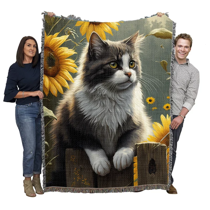 Cat Fence with Sunflowers Woven Blanket