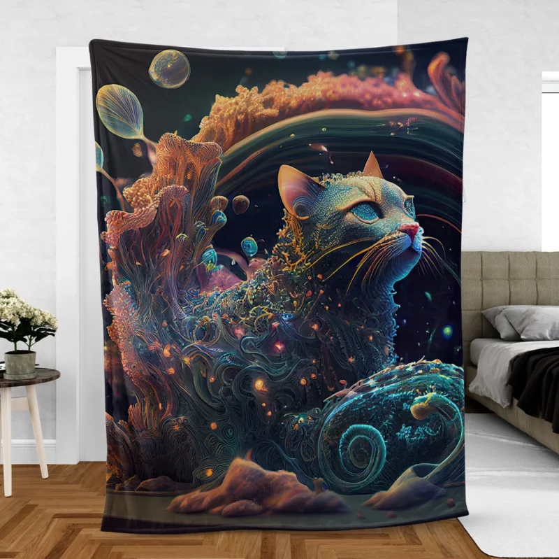 Cat Shaped Sea Coral Art Fleece Blanket