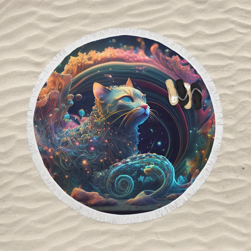 Cat Shaped Sea Coral Art Round Beach Towel