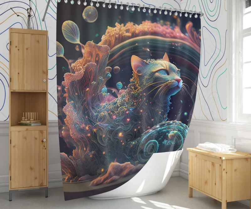 Cat Shaped Sea Coral Art Shower Curtain 1