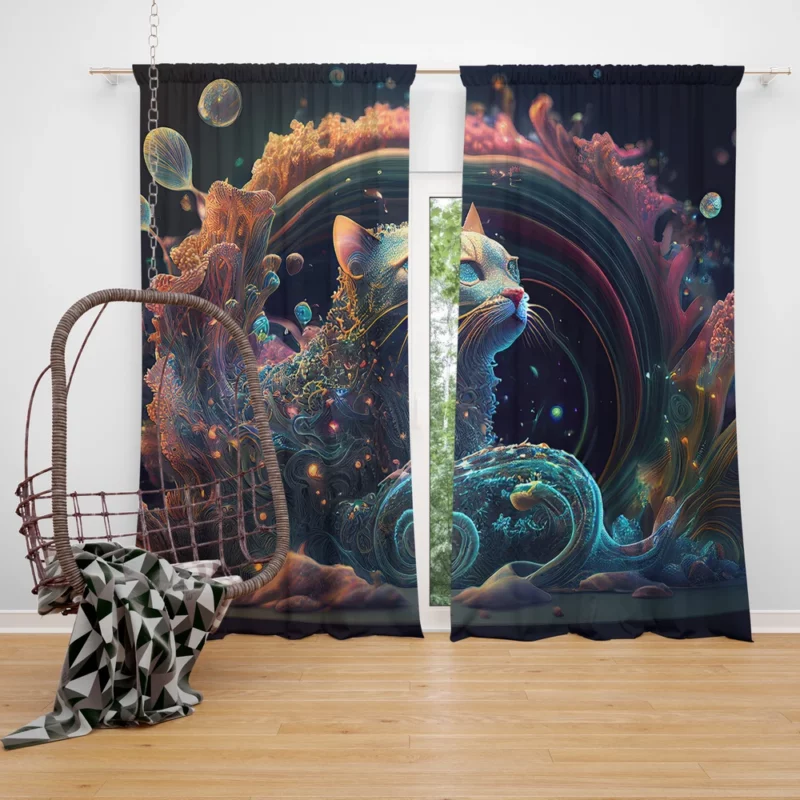 Cat Shaped Sea Coral Art Window Curtain