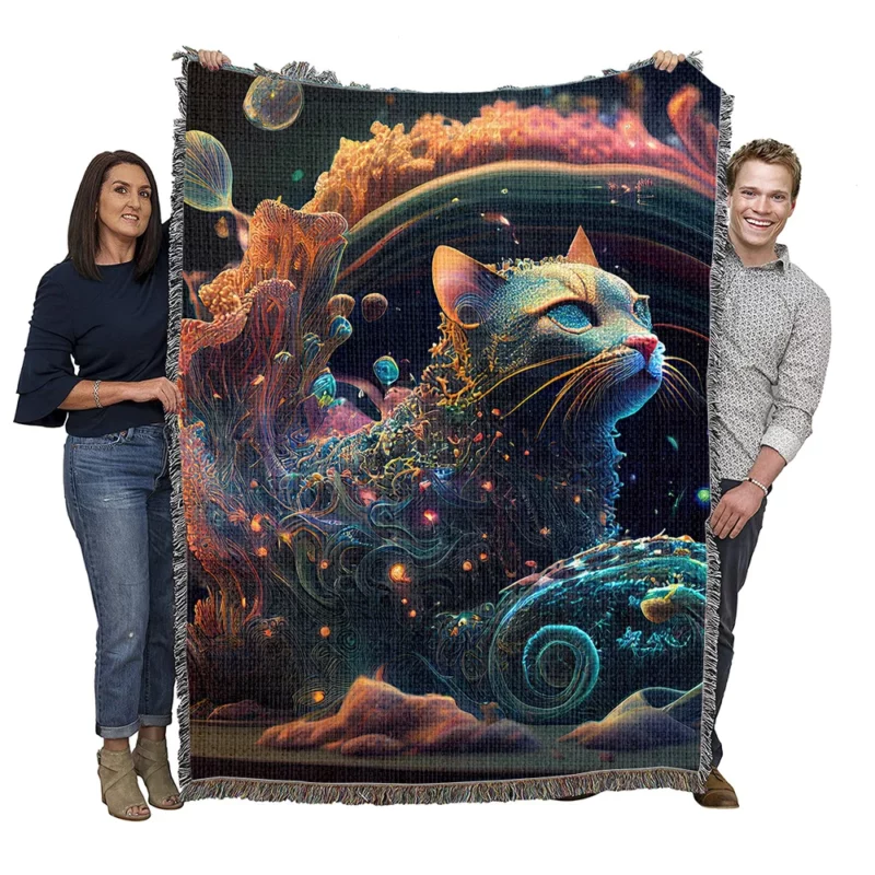 Cat Shaped Sea Coral Art Woven Blanket