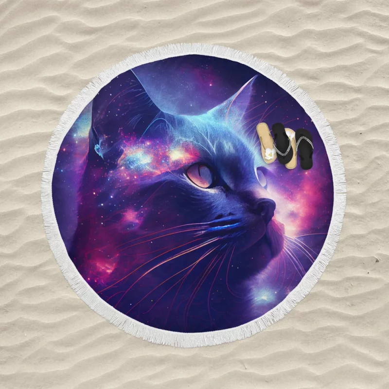 Cat in Night Sky Art Round Beach Towel