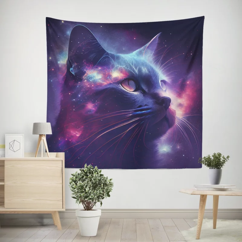 Cat in Night Sky Art Wall Tapestry