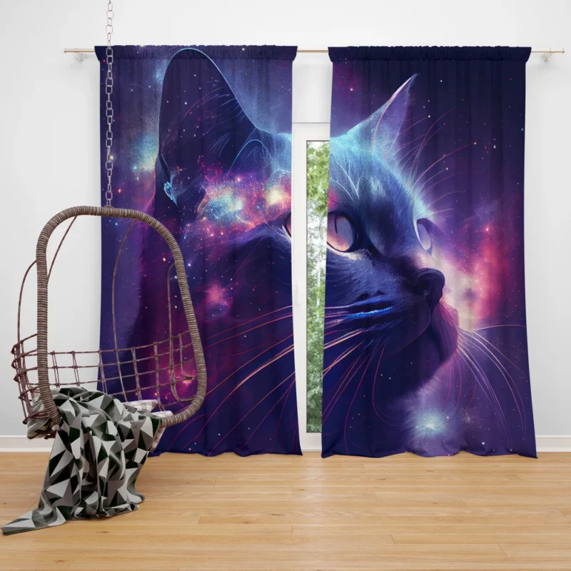 Cat in Night Sky Art Window Curtain