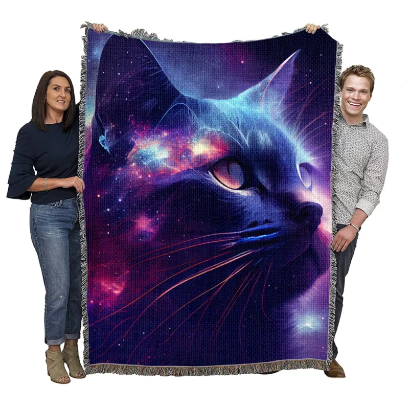 Cat in Night Sky Art Woven Blanket