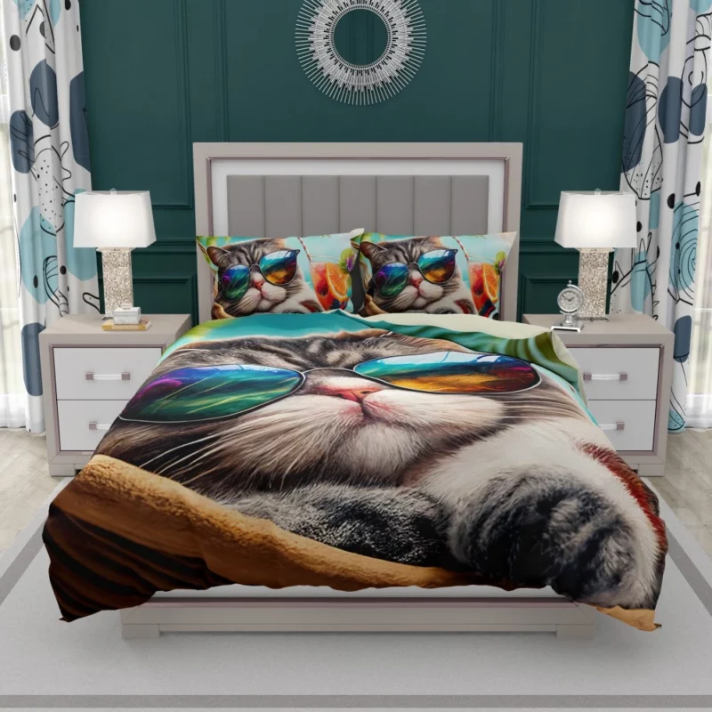 Cat in Sunglasses Relaxing at Beach Bedding Set 1