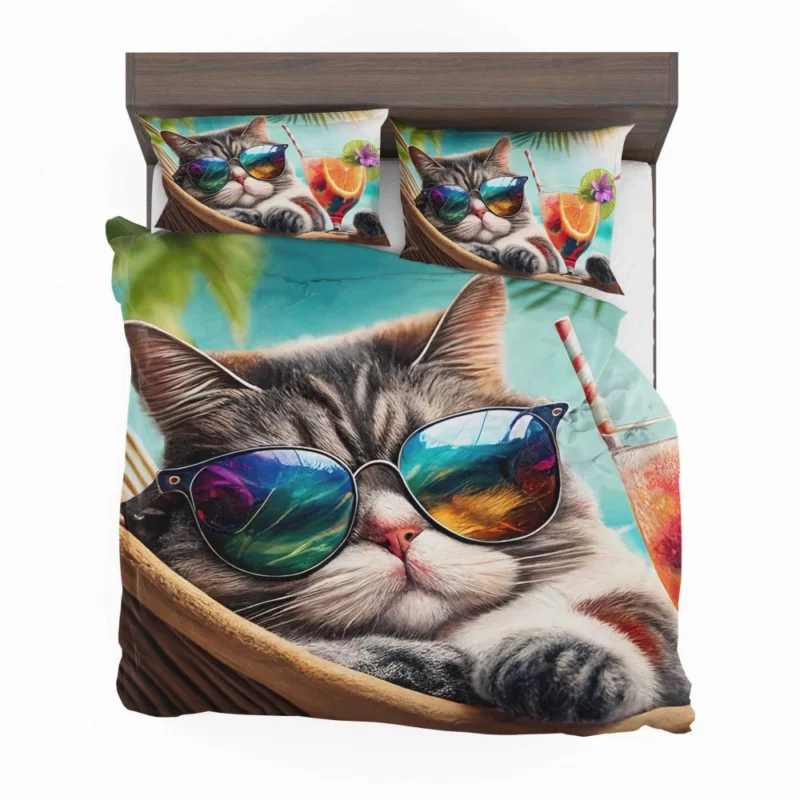 Cat in Sunglasses Relaxing at Beach Bedding Set 2