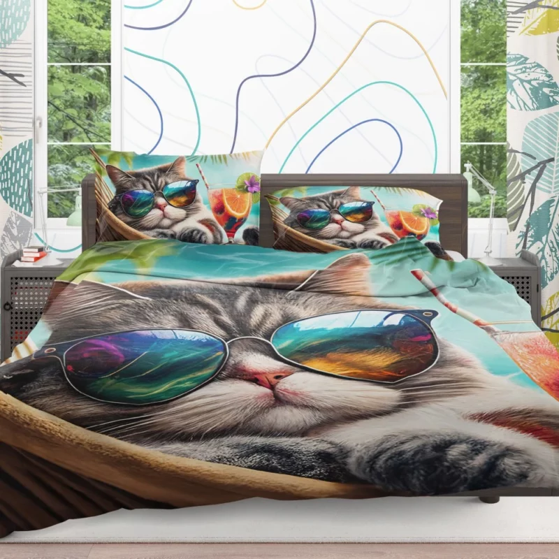 Cat in Sunglasses Relaxing at Beach Bedding Set