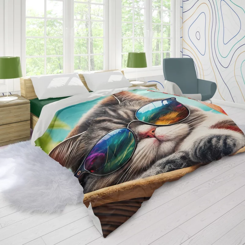 Cat in Sunglasses Relaxing at Beach Duvet Cover