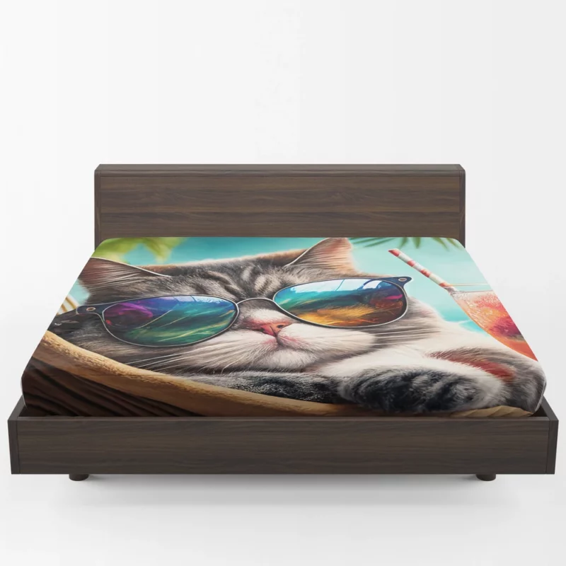 Cat in Sunglasses Relaxing at Beach Fitted Sheet 1