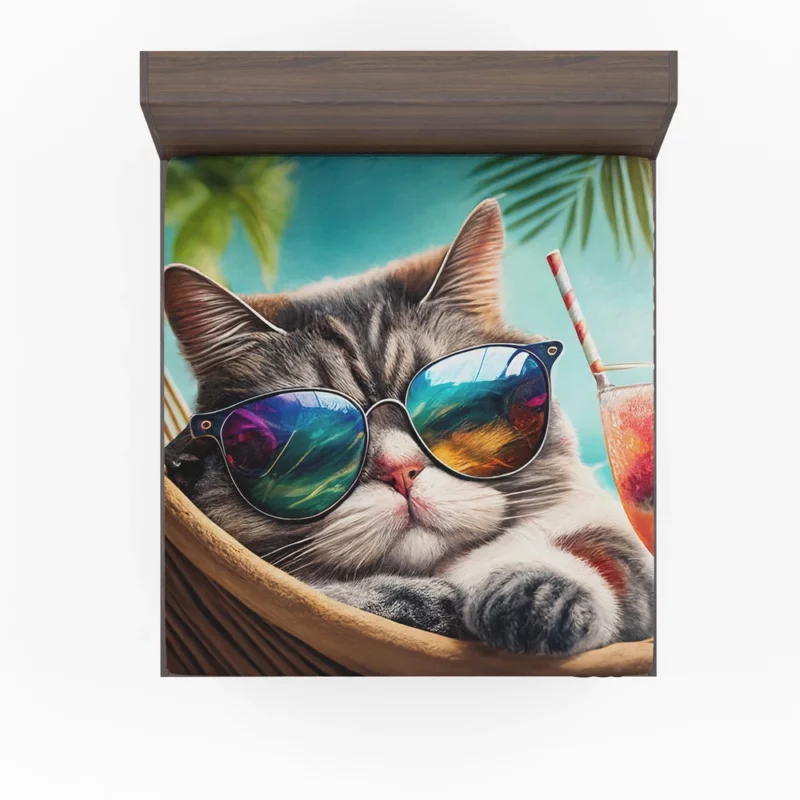 Cat in Sunglasses Relaxing at Beach Fitted Sheet