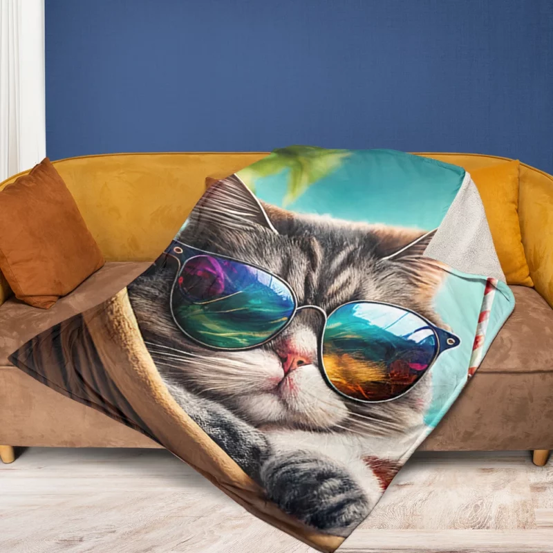 Cat in Sunglasses Relaxing at Beach Fleece Blanket 1