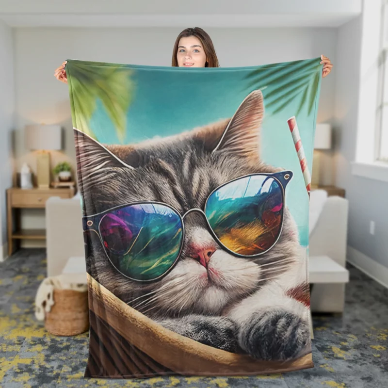 Cat in Sunglasses Relaxing at Beach Fleece Blanket 2