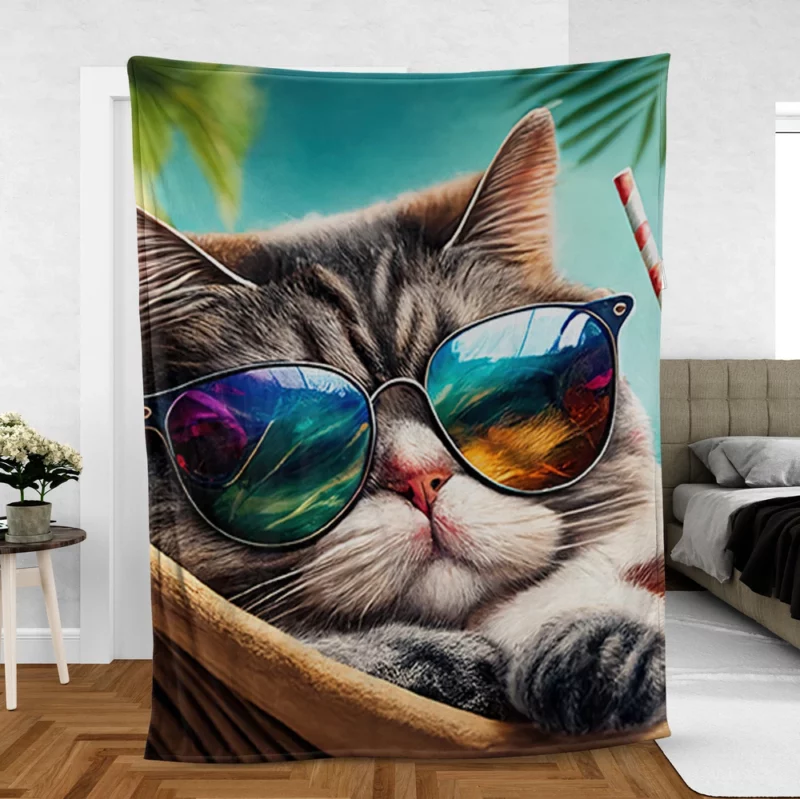 Cat in Sunglasses Relaxing at Beach Fleece Blanket