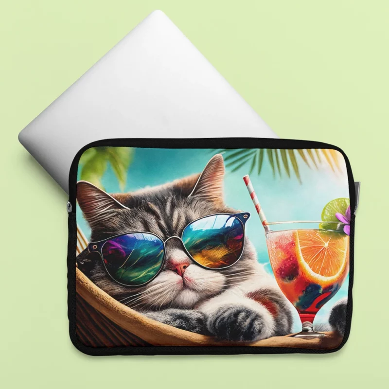 Cat in Sunglasses Relaxing at Beach Laptop Sleeve