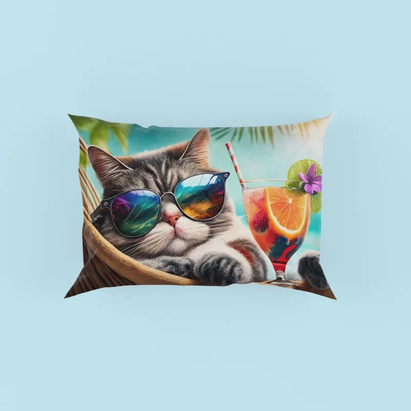 Cat in Sunglasses Relaxing at Beach Pillow Cases