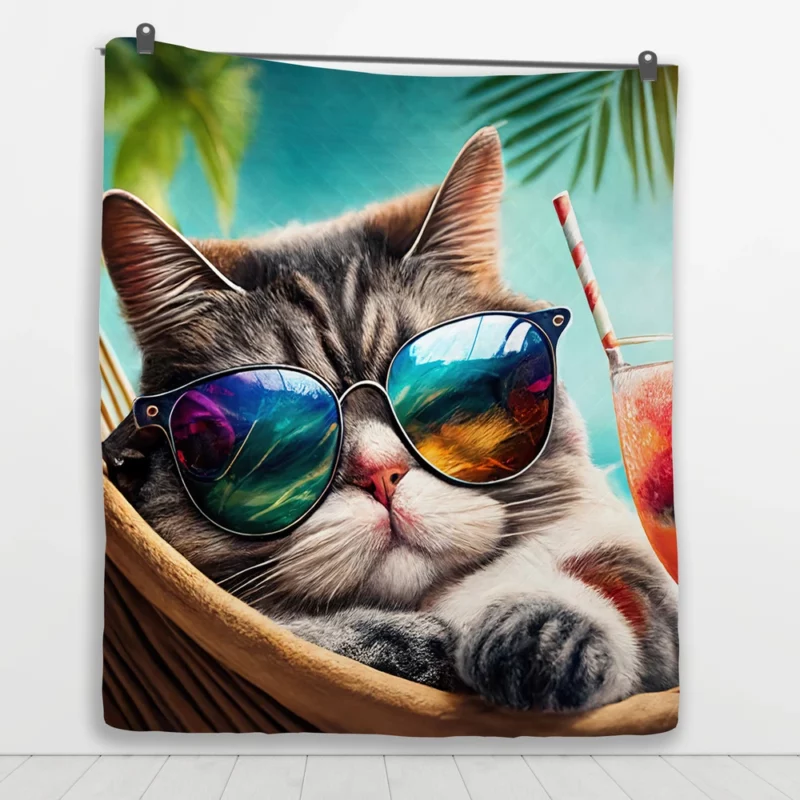 Cat in Sunglasses Relaxing at Beach Quilt Blanket 1