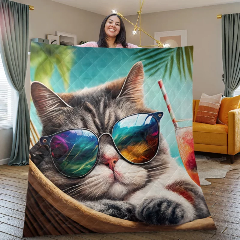 Cat in Sunglasses Relaxing at Beach Quilt Blanket