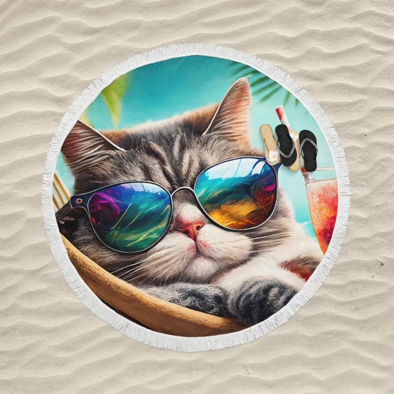 Cat in Sunglasses Relaxing at Beach Round Beach Towel