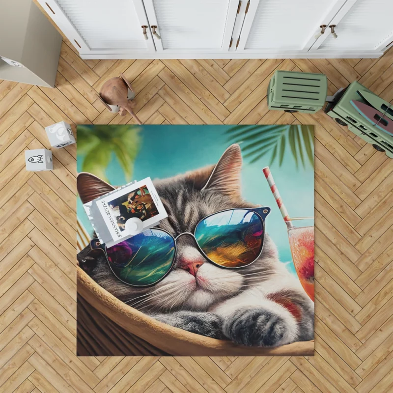 Cat in Sunglasses Relaxing at Beach Rug