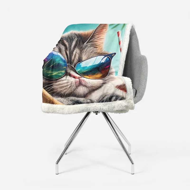 Cat in Sunglasses Relaxing at Beach Sherpa Fleece Blanket 1