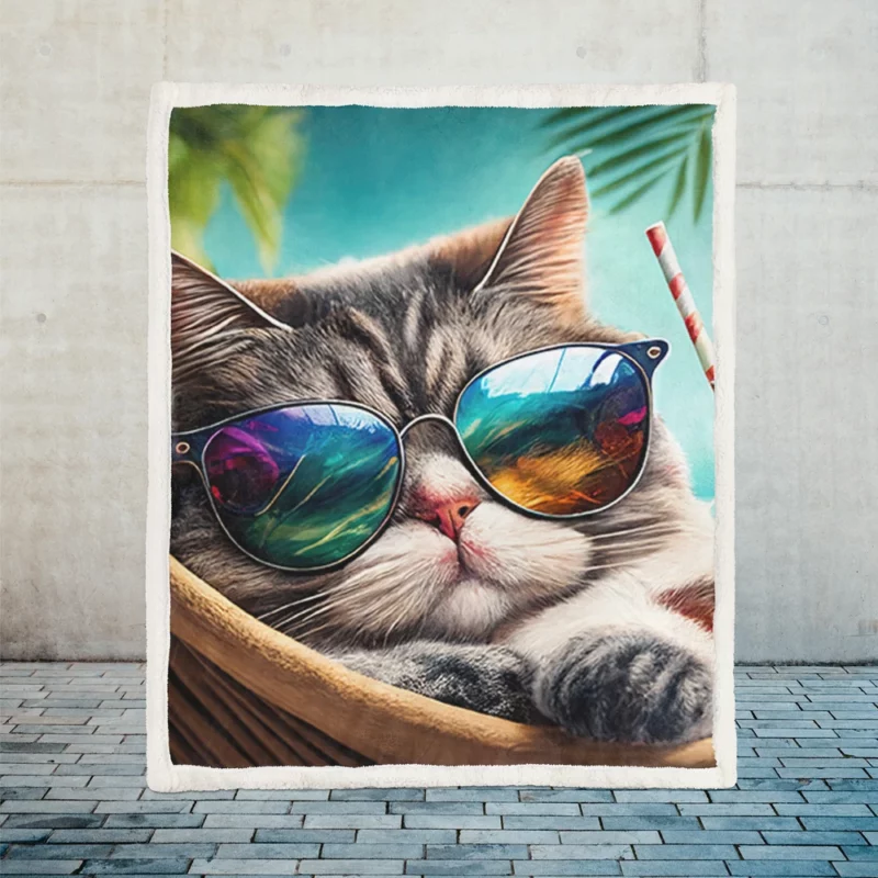 Cat in Sunglasses Relaxing at Beach Sherpa Fleece Blanket