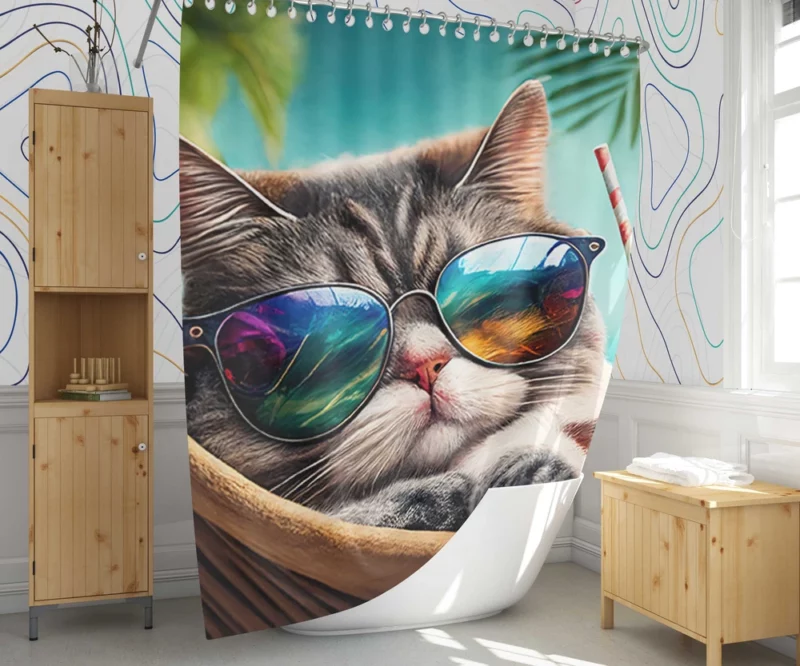 Cat in Sunglasses Relaxing at Beach Shower Curtain 1