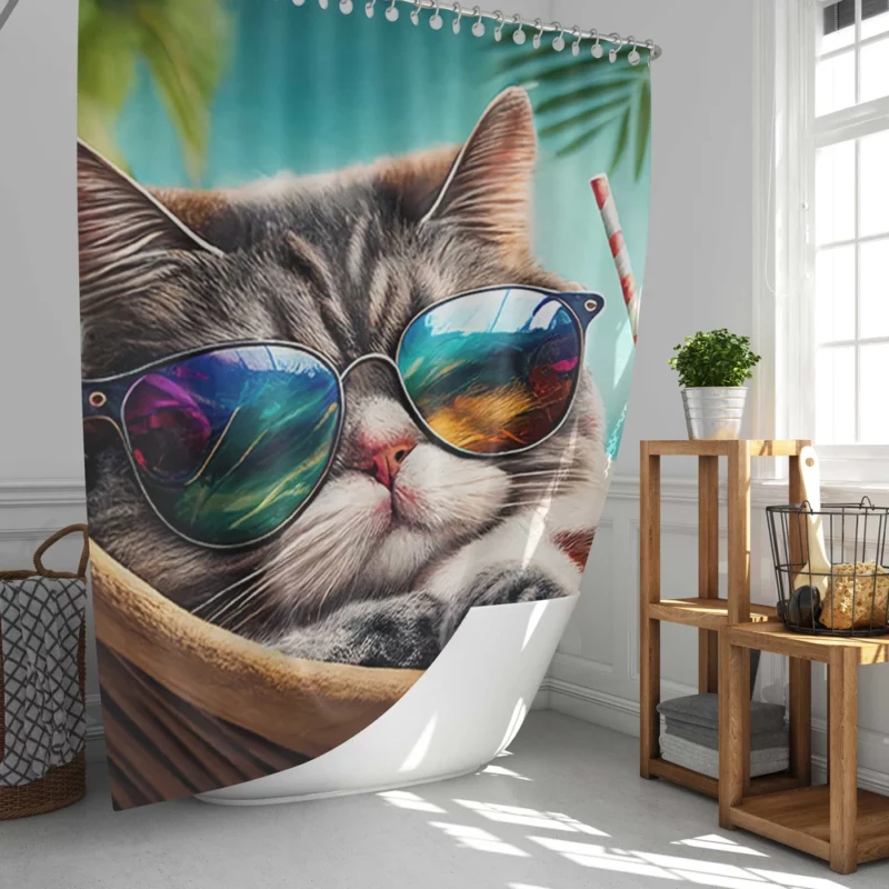 Cat in Sunglasses Relaxing at Beach Shower Curtain