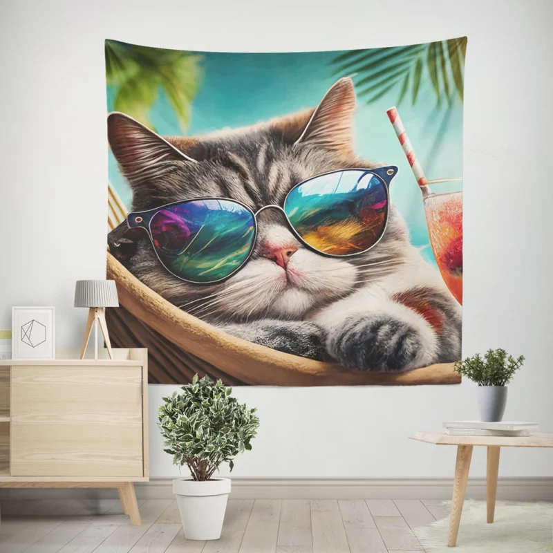 Cat in Sunglasses Relaxing at Beach Wall Tapestry