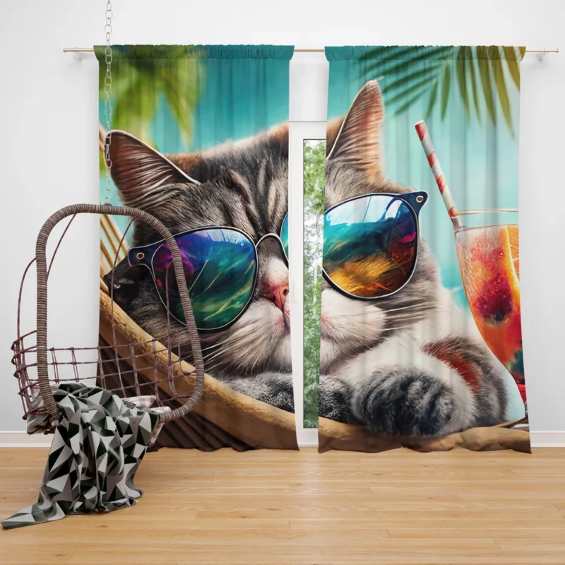 Cat in Sunglasses Relaxing at Beach Window Curtain