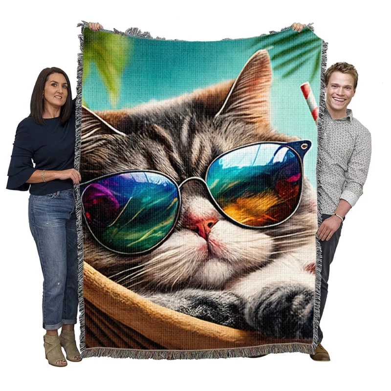 Cat in Sunglasses Relaxing at Beach Woven Blanket