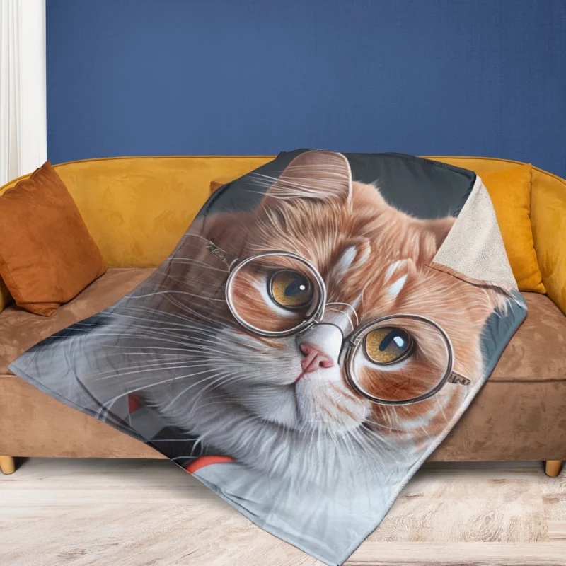 Cat with Glasses and Tie Fleece Blanket 1