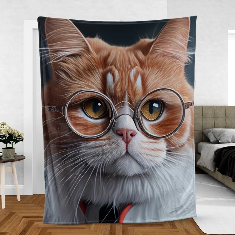 Cat with Glasses and Tie Fleece Blanket